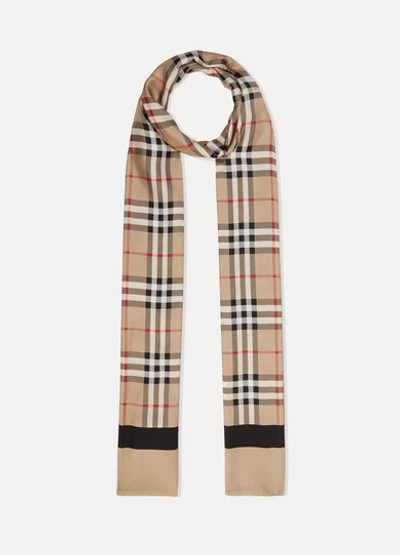 Burberry Vintage Check And Logo Print Silk Skinny Scarf In Beige