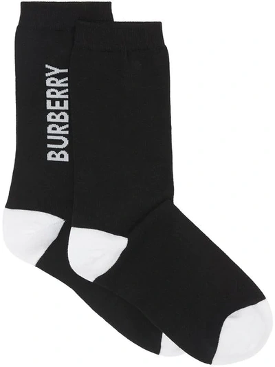 Burberry Logo Intarsia Cotton Blend Socks In Black