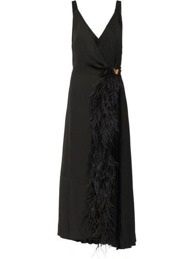 Prada Feather-trimmed Pleated Satin Wrap Dress In Black