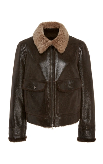 Brunello Cucinelli Buffered Leather & Shearling Aviator Jacket In Brown