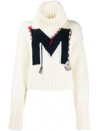 Moncler Logo-jacquard Roll-neck Chunky-knit Sweater In White