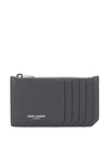 Saint Laurent Pebbled Leather Zipped Card Holder In Grey