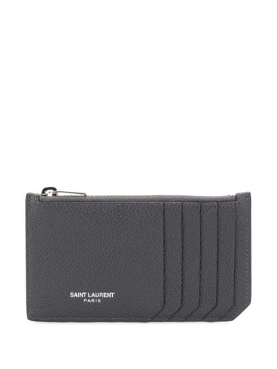 Saint Laurent Pebbled Leather Zipped Card Holder In Grey