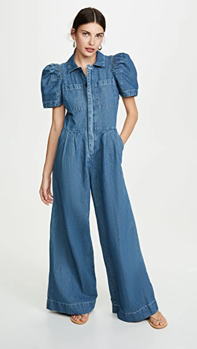 Sea Piper Puff-sleeve Cotton-blend Chambray Jumpsuit In Blue