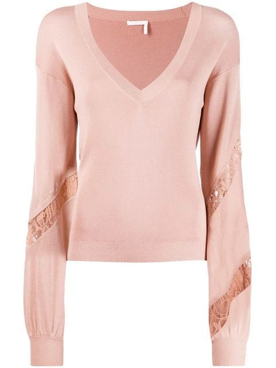Chloé Knit And Lace V-neck Sweater In Pink