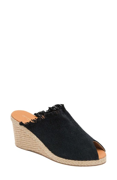 Andre Assous Popy Frayed Wedge Mule In Black Fabric