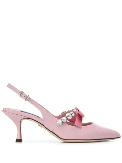 Dolce & Gabbana Shiny Calfskin Lori Slingbacks With Bejeweled Detail In Pink