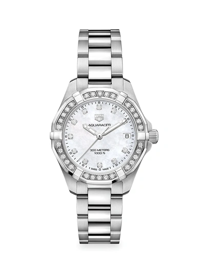 Tag Heuer Aquaracer 32mm Stainless Steel, Diamond & Mother-of-pearl Quartz Bracelet Watch In Silver