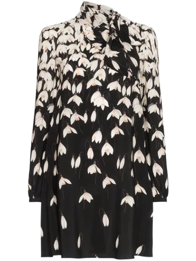 Valentino Floral Print Scarf Neck Silk Mini Dress In Black Multi