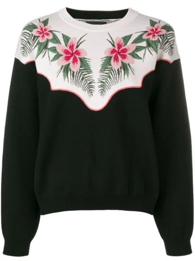 Alanui Tropical Flowers Wool-blend Sweater In Black,white,pink