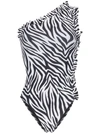 Leslie Amon Tami Ruffled Zebra-print One-shoulder Swimsuit In Black/white