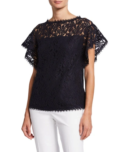 Escada Flutter-sleeve Lace-illusion Top In Navy
