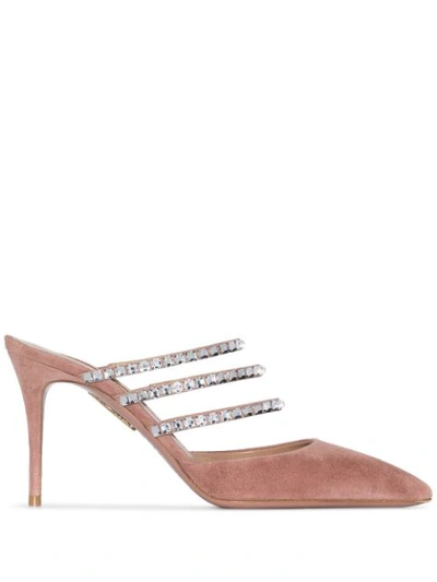 Aquazzura Donata 85 Crystal-embellished Suede Mules In Pastel Pink