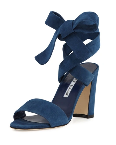 Manolo Blahnik Tondala Suede Ankle-wrap Sandal, Blue