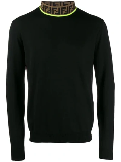 Fendi Logo-jacquard High-neck Wool-blend Sweater In Black,lemon