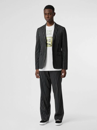 Burberry Pinstriped Stretch Wool Wide-leg Tailored Trousers In Black