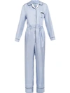 Prada Logo-patch Silk-satin Jumpsuit In Light Blue