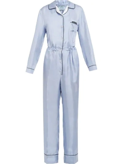 Prada Logo-patch Silk-satin Jumpsuit In Light Blue