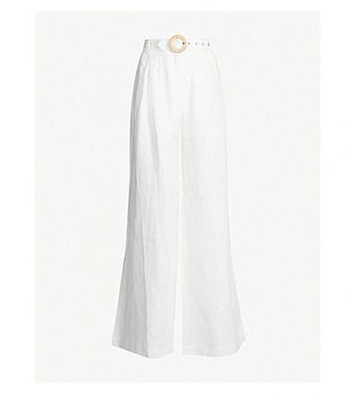 Zimmermann Honour High-rise Belted Linen Wide-leg Trousers In Ivory