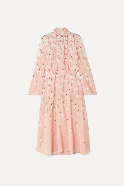 Valentino Tied-neck Floral-print Silk-crepe Midi Dress In Rose Multi