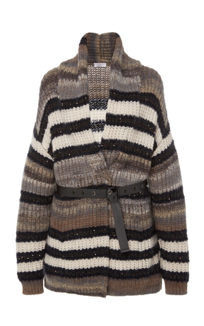Brunello Cucinelli Belted Wool-blend Stripe Cardigan In Multi