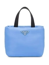 Prada Small Logo Plaque Tote In Blue