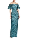 Theia Floral Jacquard Off-shoulder Gown In Azure