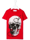 Philipp Plein Junior Kids' Embellished Skull Cotton Jersey T-shirt In Red