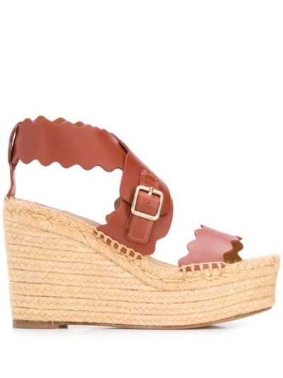 Chloé Lauren Scalloped Leather Espadrille Wedge Sandals In Brown