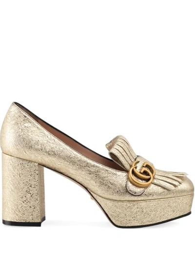 Gucci Laminate Leather Platform Pump With Fringe In Gold