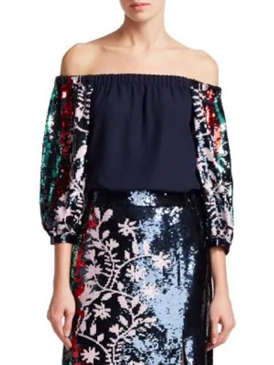 Tanya Taylor Sequined Off-the-shoulder Blouse In Navy