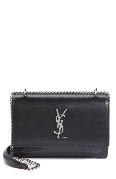 Saint Laurent Sunset Monogram Ysl Small Calf Leather Wallet On Chain In Black