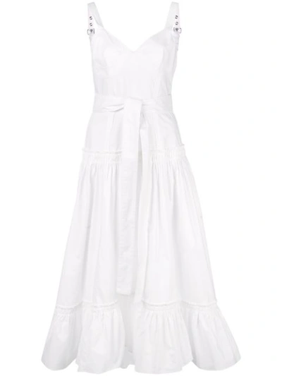 Proenza Schouler Sleeveless Belted Poplin Flounce Dress In White