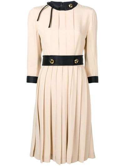 Prada Button-detailed Pleated Crepe Midi Dress In Neutrals