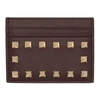 Valentino Garavani Dark Purple Rockstud Leather Card Holder In Burgundy