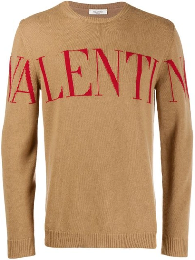 Valentino Logo Jacquard Cashmere Crewneck Sweater In Beige