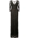 Marchesa Notte Long Floral Lace Gown In Black