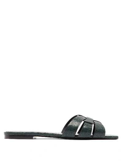 Saint Laurent Tribute Nu Pieds Pebble-grained Leather Slides In Royal Green