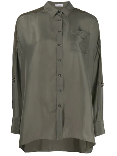 Brunello Cucinelli Oversized Satin Button-front Tab-sleeve Shirt In Green