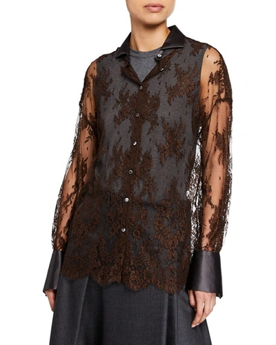 Brunello Cucinelli Floral Lace Button-front Tank In Chocolate