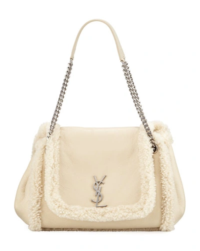 Saint Laurent Nolita Medium Ysl Shearling Shoulder Bag In Neutral