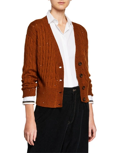 Brunello Cucinelli Cable-knit Sequined Crop Button-front Cardigan In Dark Orange