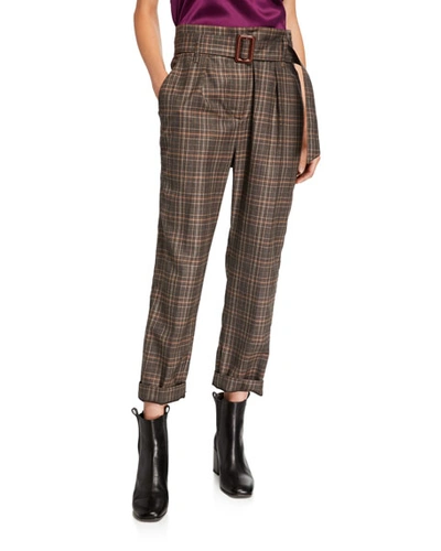 Brunello Cucinelli Belted Plaid-wool Straight Leg Pants In Brown/gray