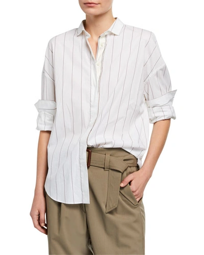 Brunello Cucinelli Monili-beaded Striped Poplin Shirt In White/brown