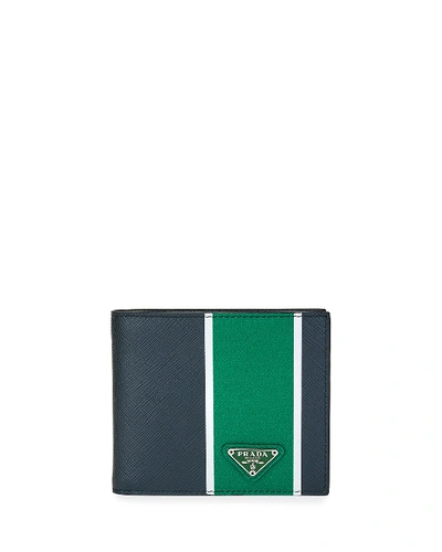 Prada Men's Striped Leather Bi-fold Wallet In Blue