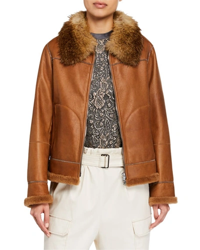 Brunello Cucinelli Fox-fur Collared Shearling Lined Leather Moto Jacket In Brown