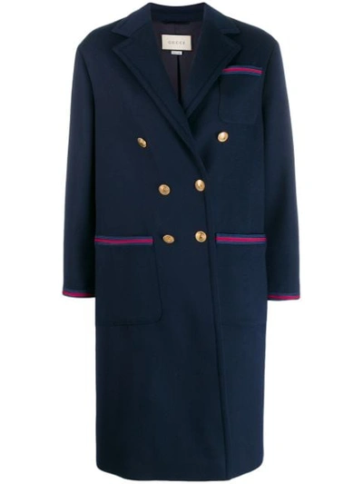 Gucci Double-breasted Wool Coat With Ribbon Detail In Blue