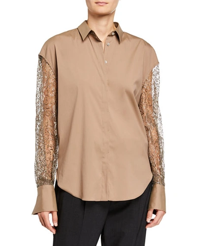 Brunello Cucinelli Metallic Lace-sleeve Button-down Shirt In Beige