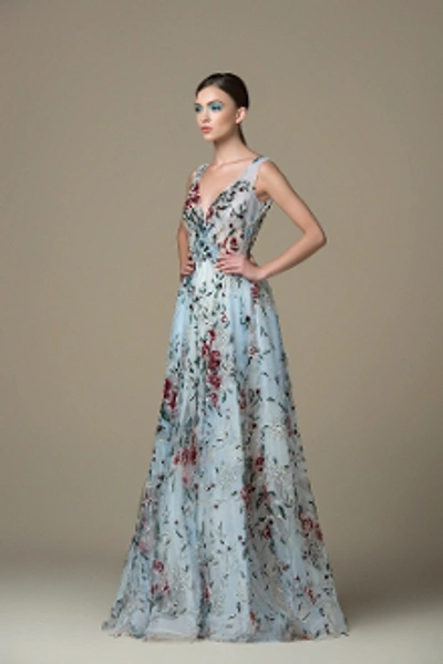 Saiid Kobeisy Sk By  Floral Print Gown In Blue Cadet