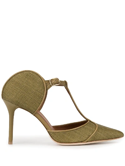 Malone Souliers Imogen 85 Olive Raffia And Leather Mules In Green